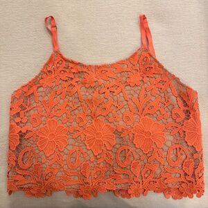 Alice and Olivia Alanis Lace Crop Top, Coral/Nude, Small